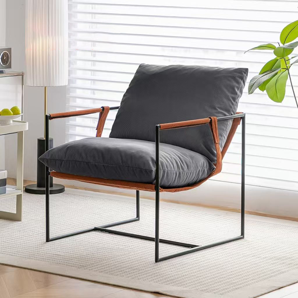 Contemporary Luxury Saddle Leather Velvet Metal Accent Chair Backrest Armrest For Living Room