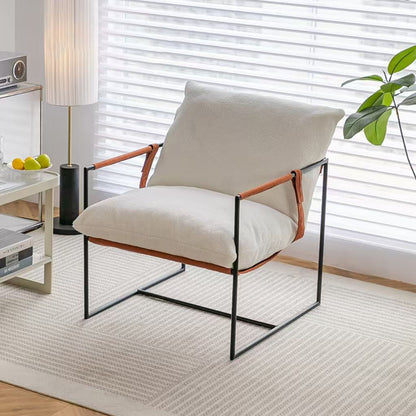 Contemporary Luxury Saddle Leather Velvet Metal Accent Chair Backrest Armrest For Living Room