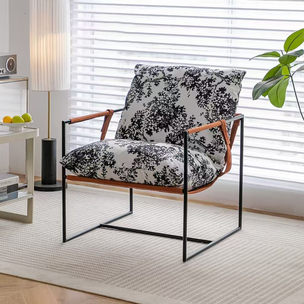 Contemporary Luxury Saddle Leather Velvet Metal Accent Chair Backrest Armrest For Living Room