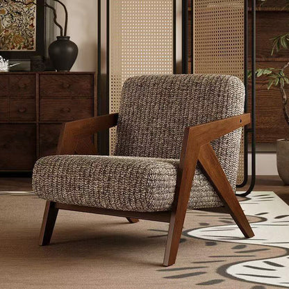 Traditional Vintage Rectangular Rubberwood Sherpa Fabric Jacquard Sponge Cotton and Linen Single Person Accent Chair Backrest Armrest For Living Room
