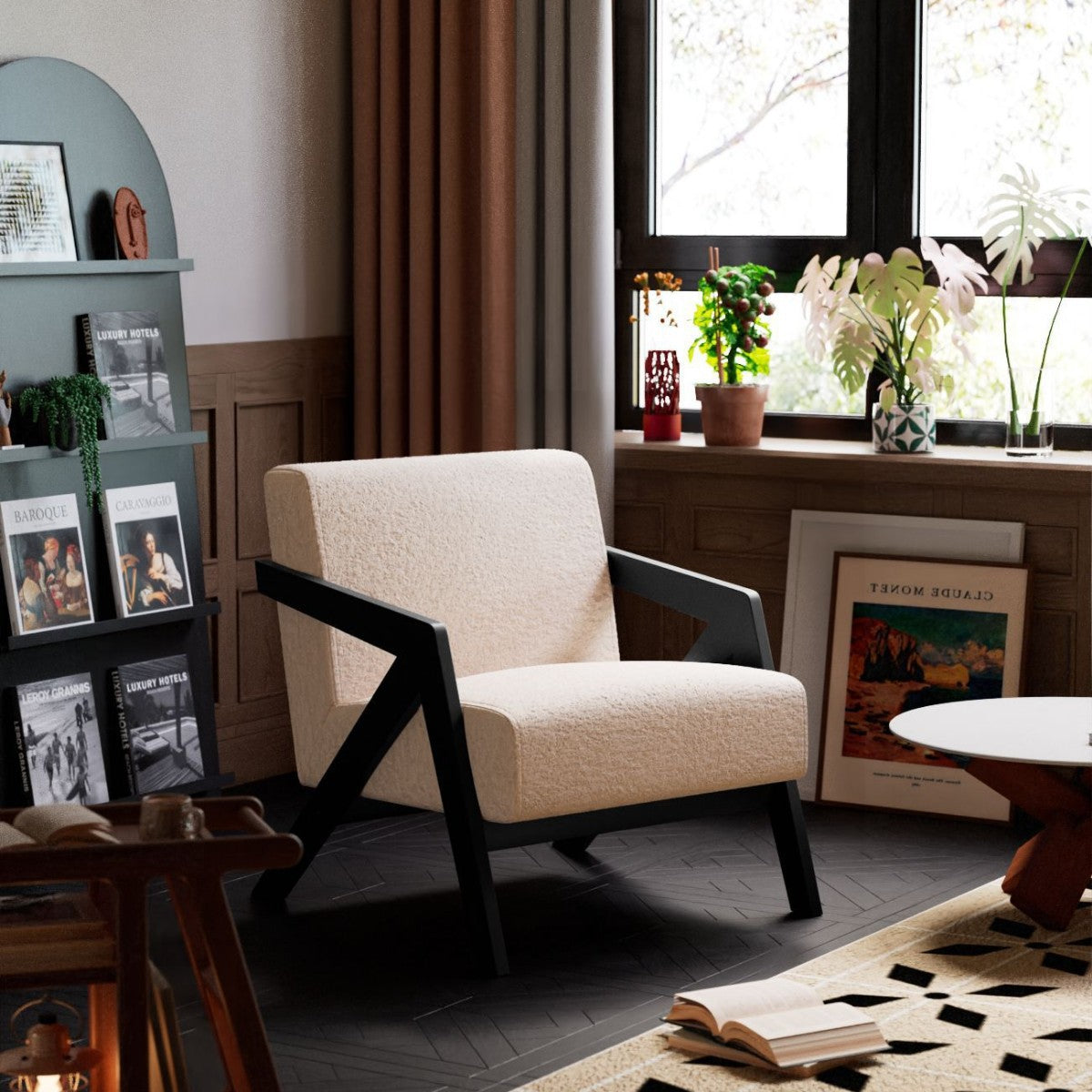 Traditional Vintage Rectangular Rubberwood Sherpa Fabric Jacquard Sponge Cotton and Linen Single Person Accent Chair Backrest Armrest For Living Room