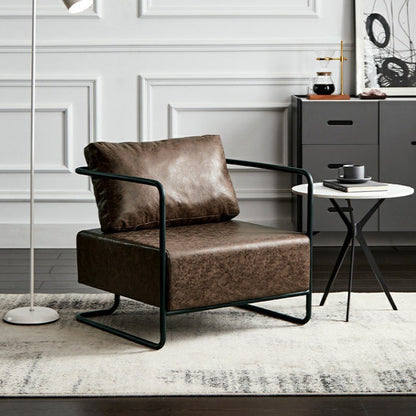 Contemporary Industrial Rectangular Carbon Steel Faux Leather Synthetic Fabric Single Person Accent Chair Backrest Armrest For Living Room