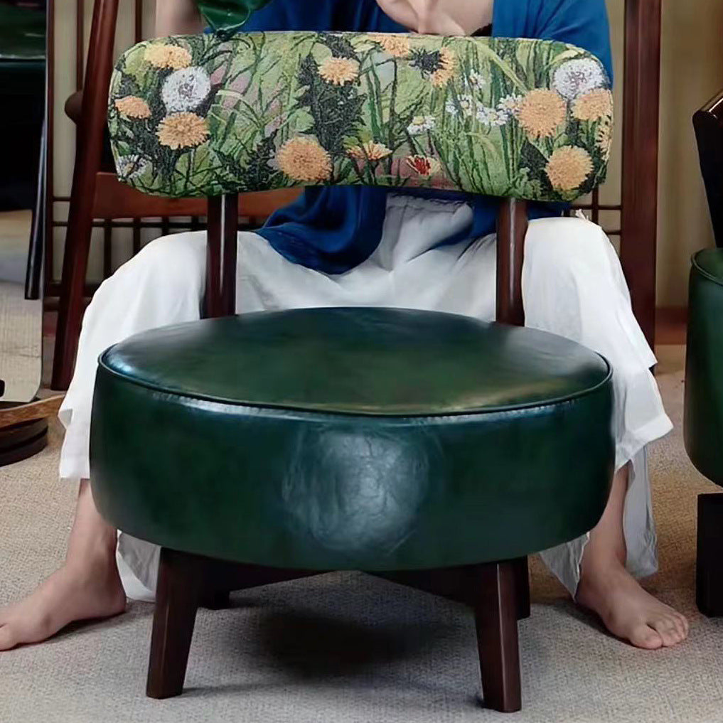 Traditional Vintage Round Rubberwood Faux Oil-Waxed Leather Sponge Swivel Accent Chair Backrest  Armless For Living Room