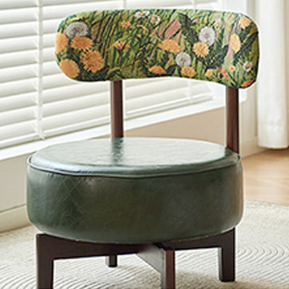 Traditional Vintage Round Rubberwood Faux Oil-Waxed Leather Sponge Swivel Accent Chair Backrest  Armless For Living Room