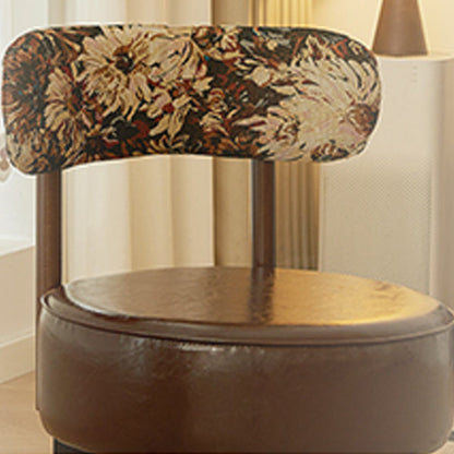 Traditional Vintage Round Rubberwood Faux Oil-Waxed Leather Sponge Swivel Accent Chair Backrest  Armless For Living Room