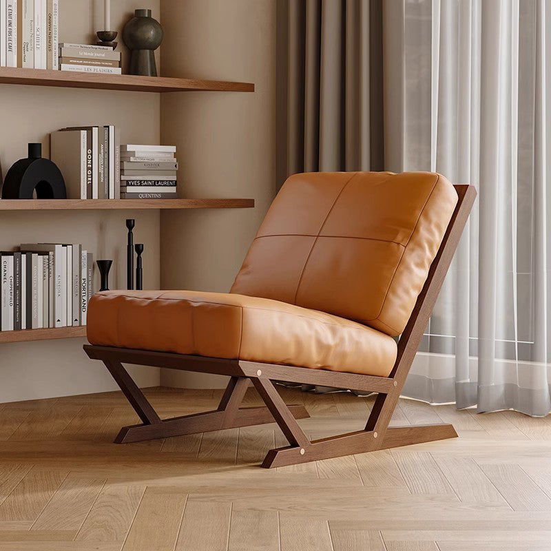 Contemporary Scandinavian Rectangular Oak Faux Nappa Leather Sponge Accent Chair Backrest Armless For Living Room