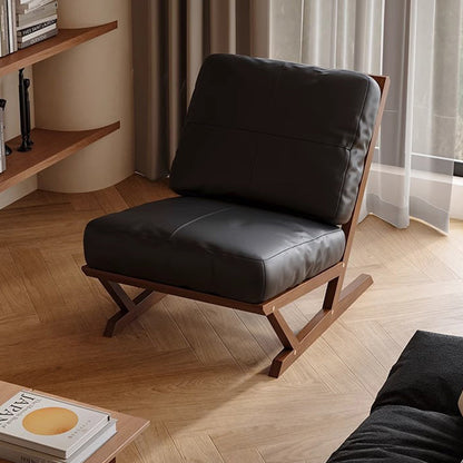 Contemporary Scandinavian Rectangular Oak Faux Nappa Leather Sponge Accent Chair Backrest Armless For Living Room
