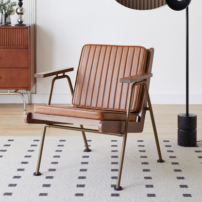 Contemporary Industrial Rectangular Iron Ash Wood Faux Oil Wax Leather Sponge Accent Chair Backrest Armrest For Living Room
