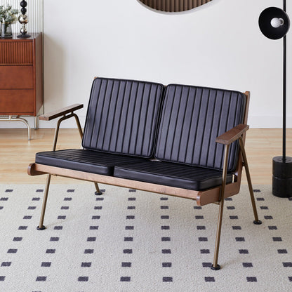 Contemporary Industrial Rectangular Iron Ash Wood Faux Oil Wax Leather Sponge Accent Chair Backrest Armrest For Living Room