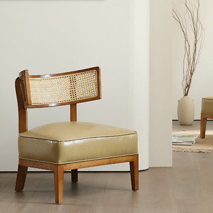 Traditional Rustic Arc Rectangular Ash Wood Faux Leather Sponge Rattan Weaving Accent Chair Backrest Armless For Living Room
