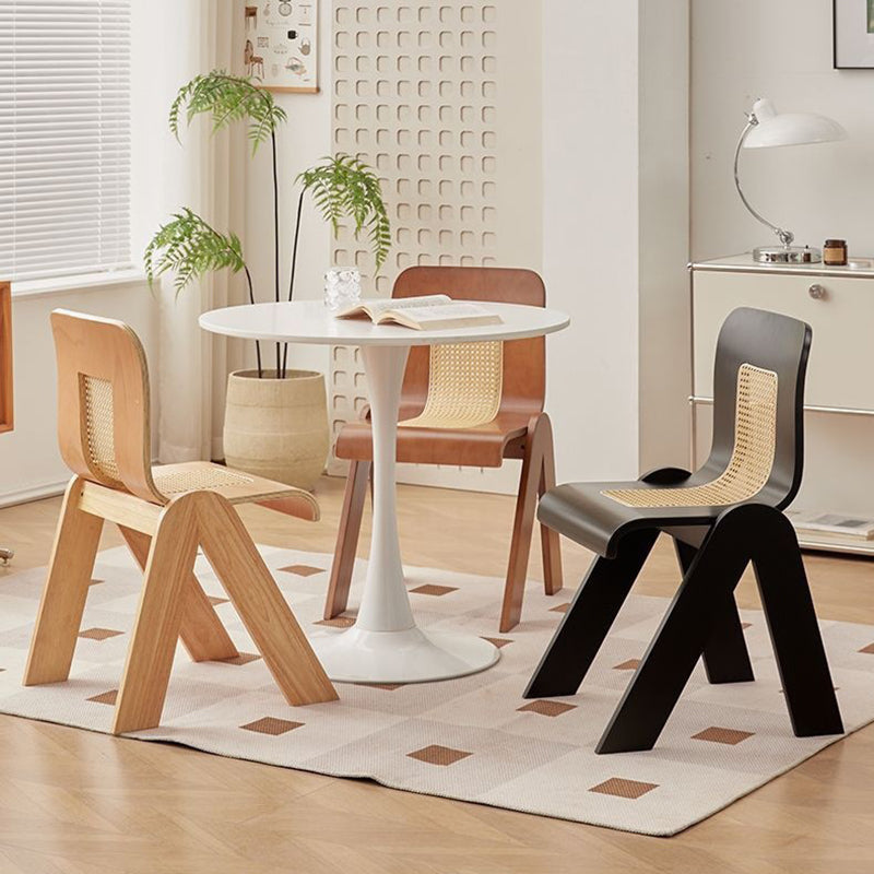 Traditional Vintage Arc V-Shape Rubberwood Bentwood Rattan Weaving Dining Chair Backrest Armless For Dining Room