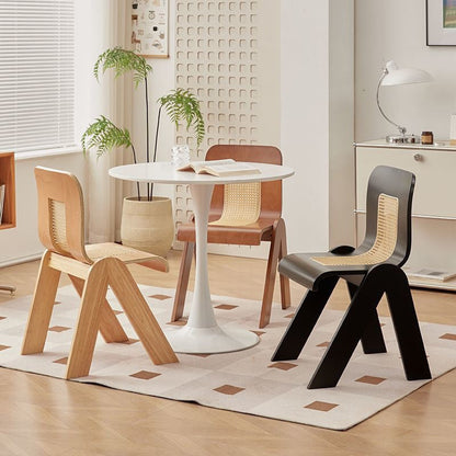 Traditional Vintage Arc V-Shape Rubberwood Bentwood Rattan Weaving Dining Chair Backrest Armless For Dining Room
