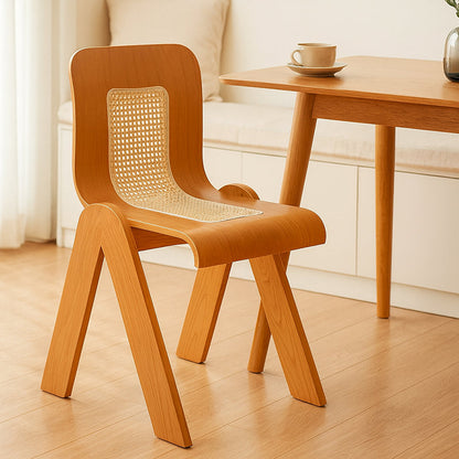 Traditional Vintage Arc V-Shape Rubberwood Bentwood Rattan Weaving Dining Chair Backrest Armless For Dining Room