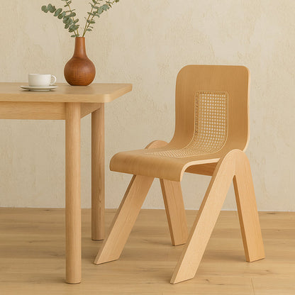 Traditional Vintage Arc V-Shape Rubberwood Bentwood Rattan Weaving Dining Chair Backrest Armless For Dining Room