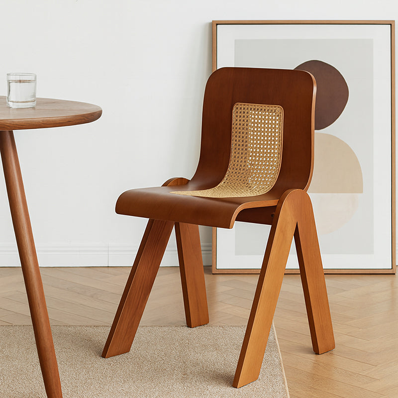 Traditional Vintage Arc V-Shape Rubberwood Bentwood Rattan Weaving Dining Chair Backrest Armless For Dining Room