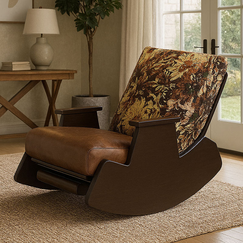 Traditional Vintage Detachable Rectangular Faux Oil-Wax Leather Flannelette Plywood Iron Sponge Cotton Rocking Chair Backrest Armrest For Living Room