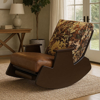 Traditional Vintage Detachable Rectangular Faux Oil-Wax Leather Flannelette Plywood Iron Sponge Cotton Rocking Chair Backrest Armrest For Living Room