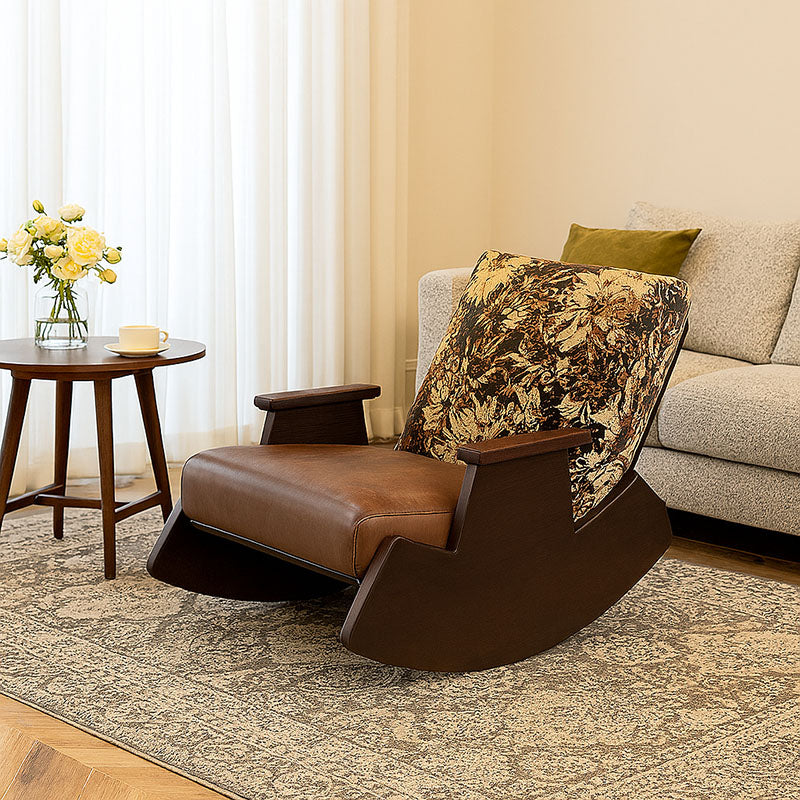 Traditional Vintage Detachable Rectangular Faux Oil-Wax Leather Flannelette Plywood Iron Sponge Cotton Rocking Chair Backrest Armrest For Living Room
