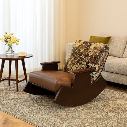 Traditional Vintage Detachable Rectangular Faux Oil-Wax Leather Flannelette Plywood Iron Sponge Cotton Rocking Chair Backrest Armrest For Living Room