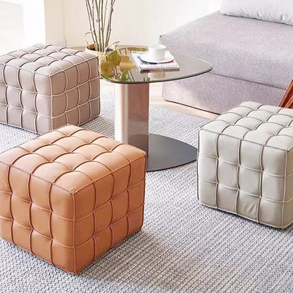 Modern Minimalist Cube Wood Board Faux Leather Sponge Footstool Backless Armless For Living Room