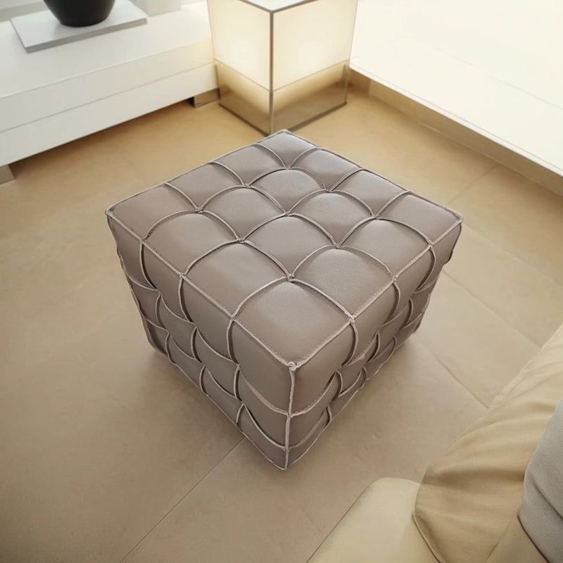Modern Minimalist Cube Wood Board Faux Leather Sponge Footstool Backless Armless For Living Room