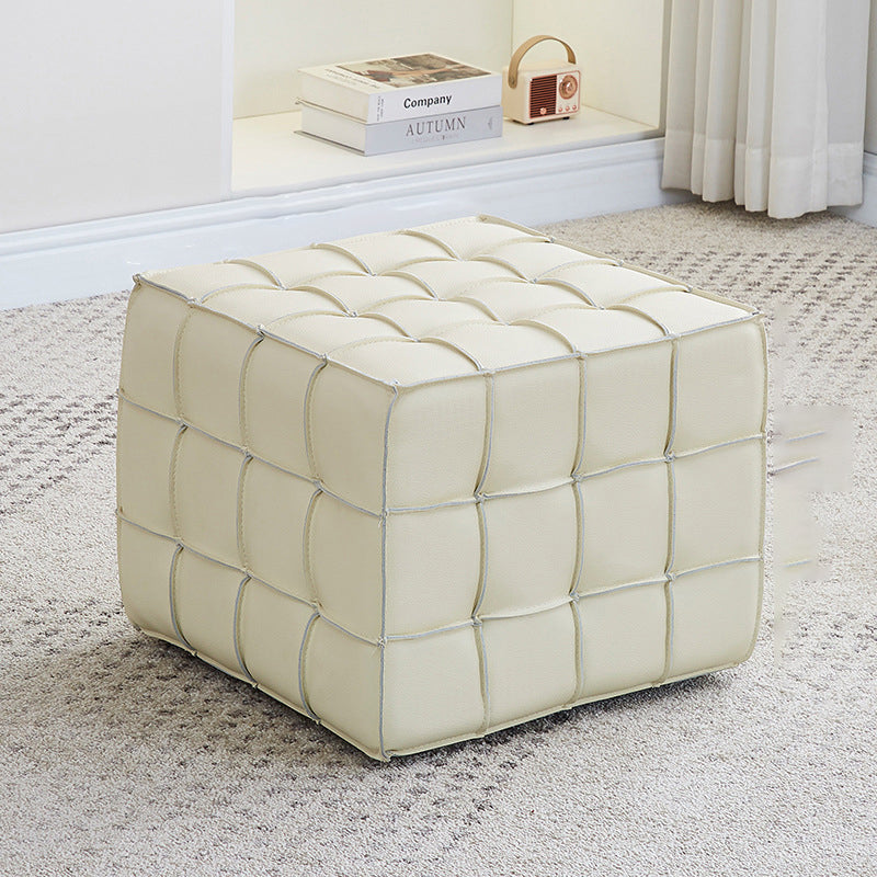 Modern Minimalist Cube Wood Board Faux Leather Sponge Footstool Backless Armless For Living Room