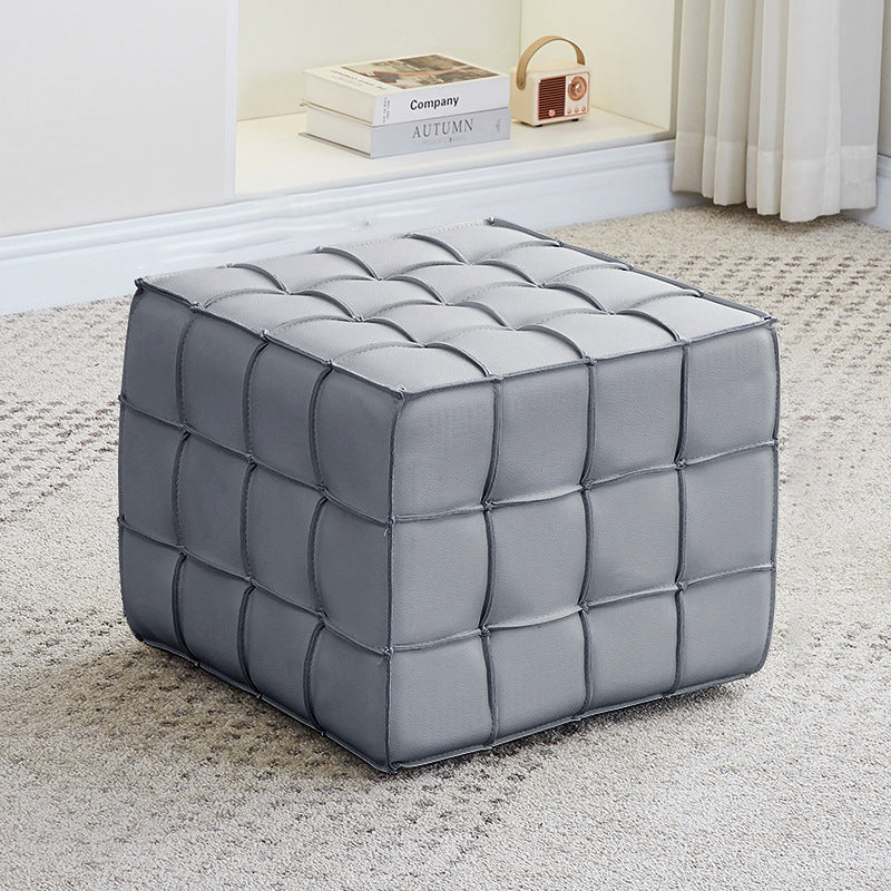 Modern Minimalist Cube Wood Board Faux Leather Sponge Footstool Backless Armless For Living Room