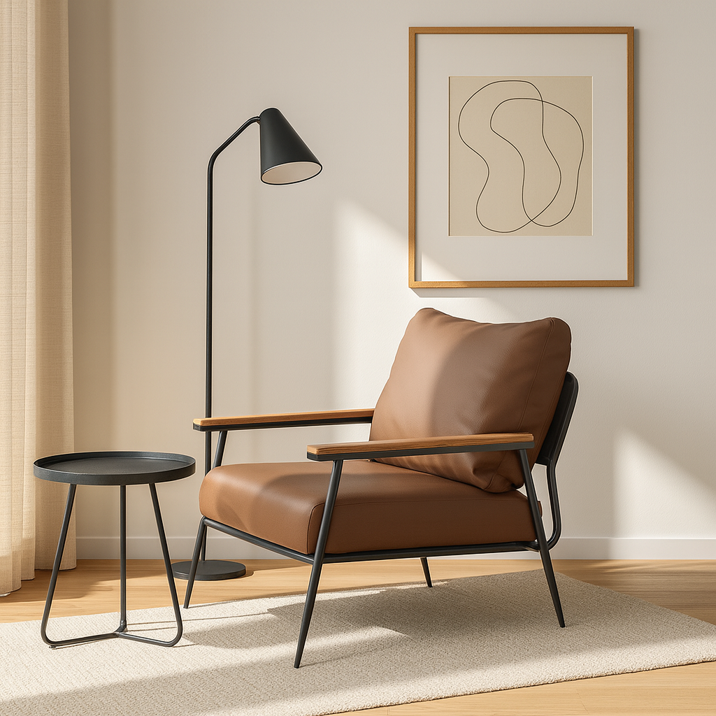 Contemporary Industrial Rectangular Iron PU Leather Sponge Latex PP Cotton Accent Chair Backrest Armrest For Living Room