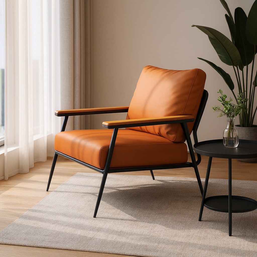 Contemporary Industrial Rectangular Iron PU Leather Sponge Latex PP Cotton Accent Chair Backrest Armrest For Living Room