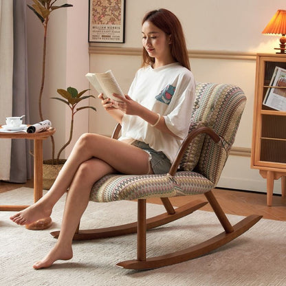 Traditional Vintage Rectangular Solid Wood Cotton Linen Sponge Rocking Chair Backrest Armrest For Living Room