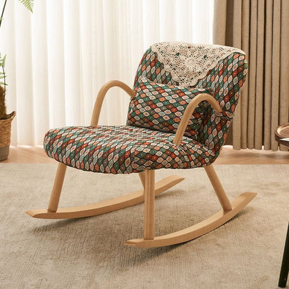 Traditional Vintage Rectangular Solid Wood Cotton Linen Sponge Rocking Chair Backrest Armrest For Living Room