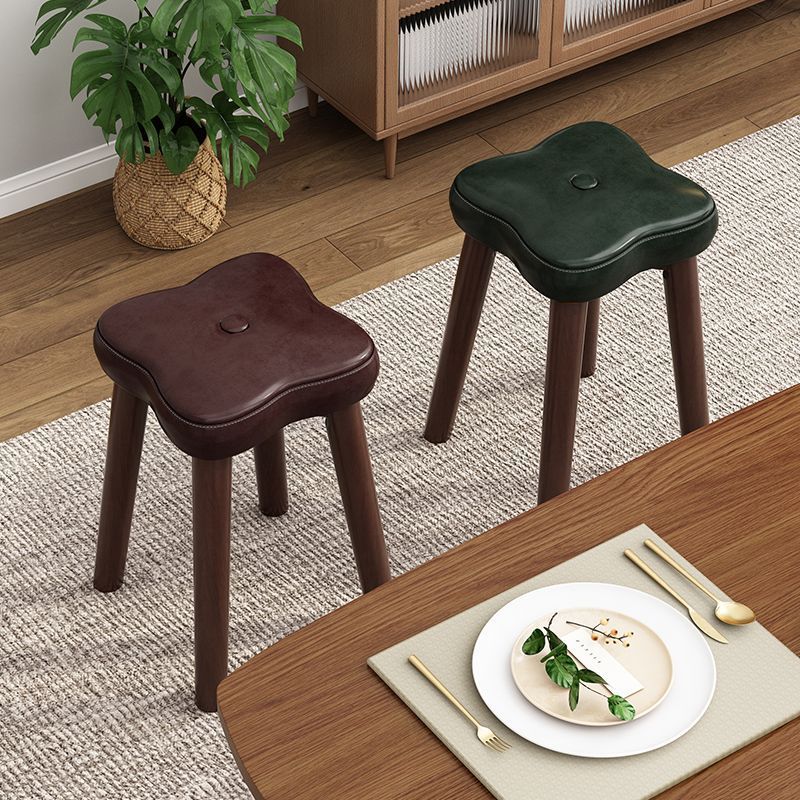 Traditional Vintage Flower Solid Wood Faux Oil Wax Leather Sponge Stackable Low Stool Backless Armless For Living Room