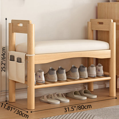 Traditional Rustic Rectangular Solid Wood PU Leather Sponge Shoe Bench Backless Armrest 2-Tier For Entryway