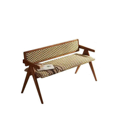 Traditional Rustic Rectangular Ash Wood Plywood Fabric Sponge Bench Backrest Armrest For Living Room