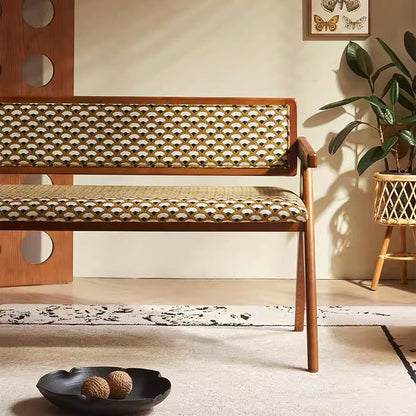 Traditional Rustic Rectangular Ash Wood Plywood Fabric Sponge Bench Backrest Armrest For Living Room