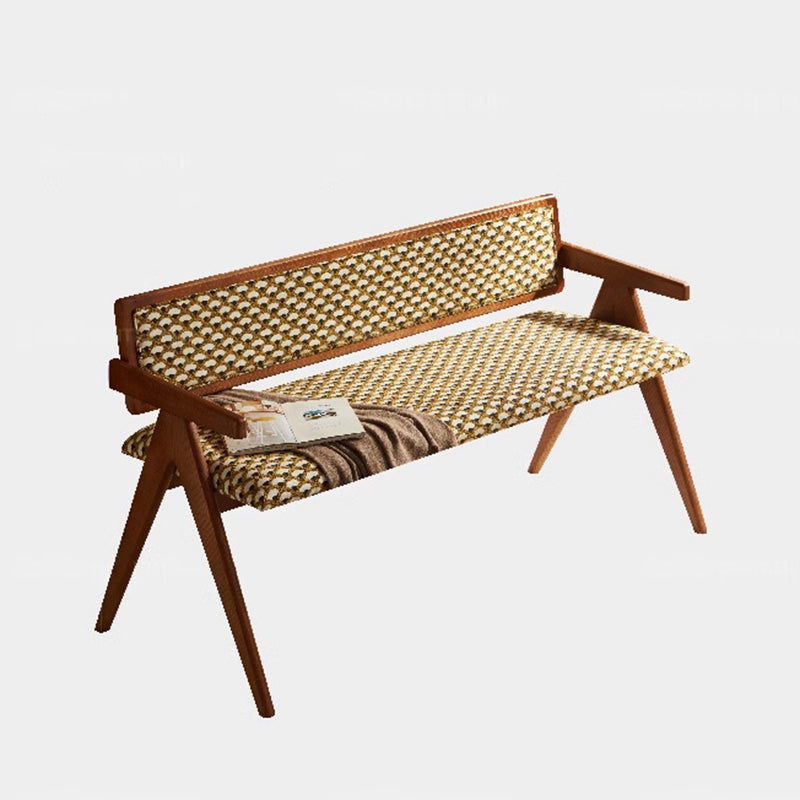 Traditional Rustic Rectangular Ash Wood Plywood Fabric Sponge Bench Backrest Armrest For Living Room
