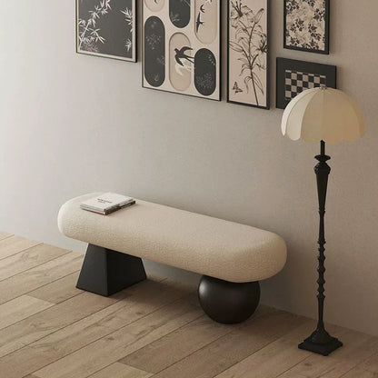 Contemporary Nordic Oval Solid Wood Sherpa Fabric Sponge Bench Backless Armless For Entryway