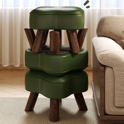 Traditional Vintage Solid Wood Faux Leather Sponge Low Stool Backless Armless For Entryway