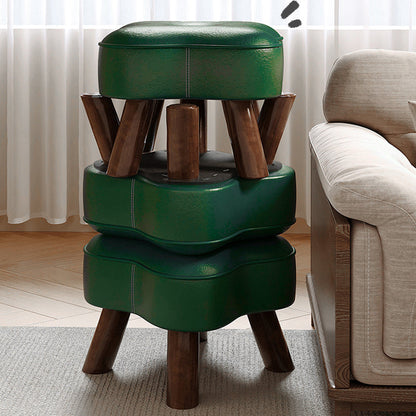 Traditional Vintage Solid Wood Faux Leather Sponge Low Stool Backless Armless For Entryway
