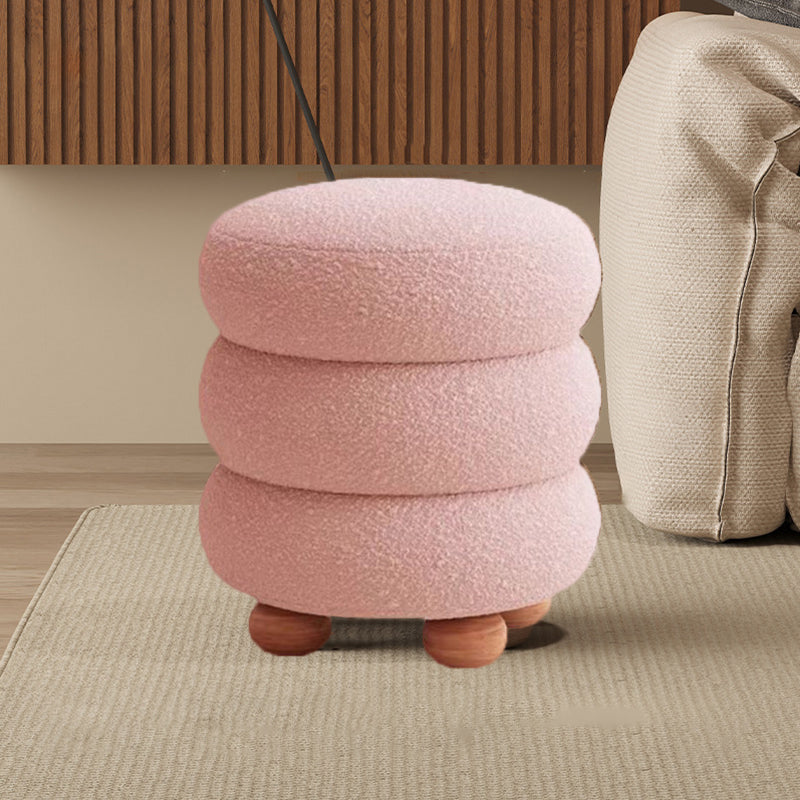 Contemporary Nordic Cylindrical Solid Wood Sherpa Fabric Sponge Vanity Stool For Bedroom