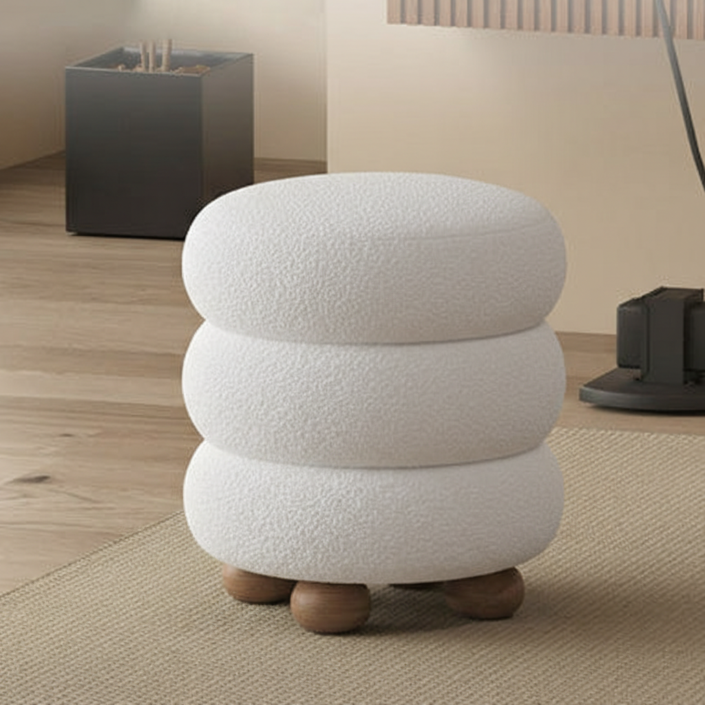 Contemporary Nordic Cylindrical Solid Wood Sherpa Fabric Sponge Vanity Stool For Bedroom