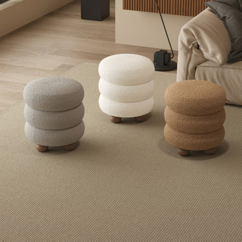 Contemporary Nordic Cylindrical Solid Wood Sherpa Fabric Sponge Vanity Stool For Bedroom