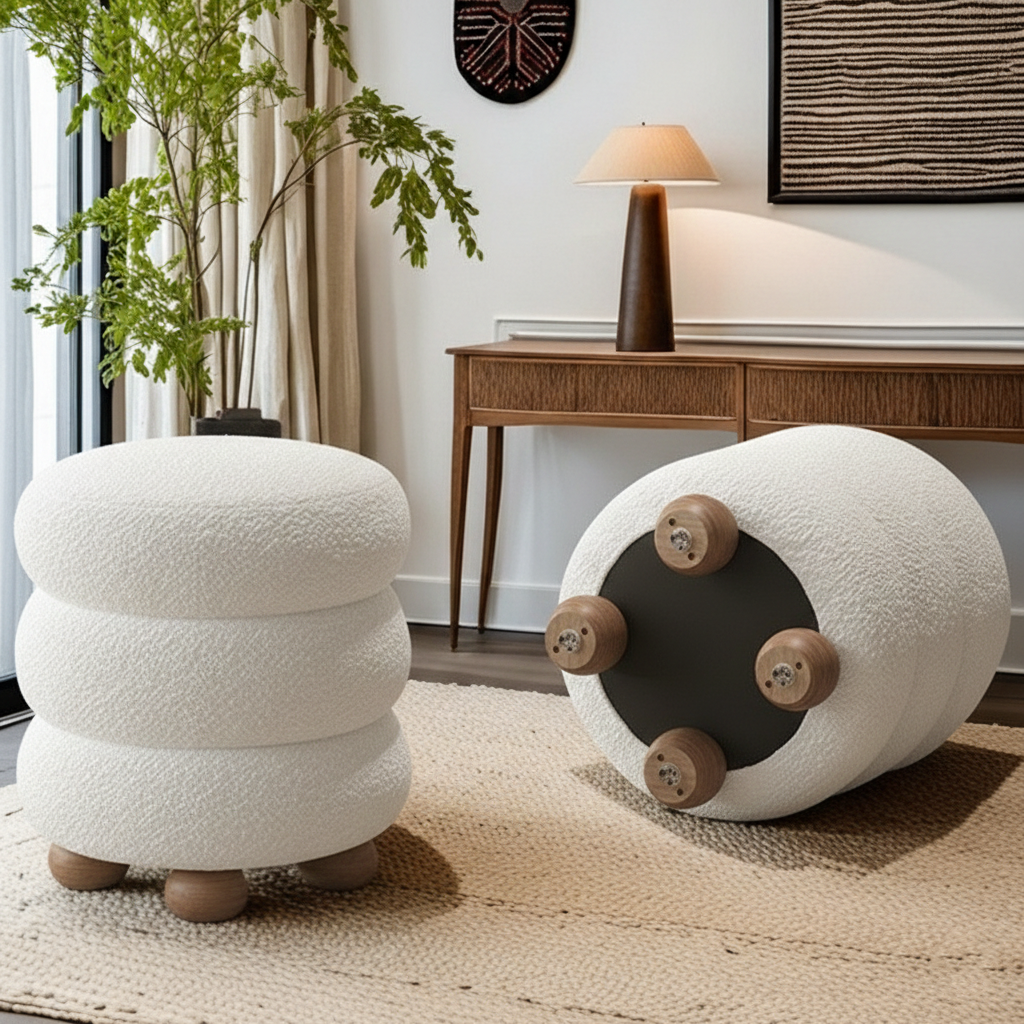Contemporary Nordic Cylindrical Solid Wood Sherpa Fabric Sponge Vanity Stool For Bedroom