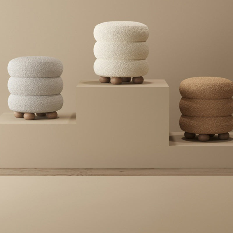 Contemporary Nordic Cylindrical Solid Wood Sherpa Fabric Sponge Vanity Stool For Bedroom