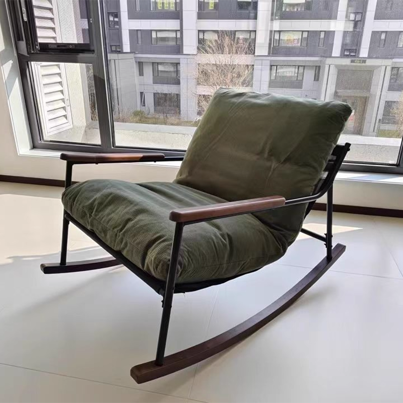 Contemporary Nordic Detachable Rectangular Solid Wood Iron Corduroy Sponge Plush Cotton Lazy Rocking Chair Backrest Armrest For Bedroom