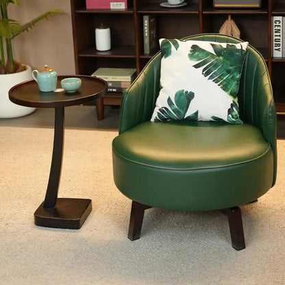 Traditional Vintage Rotatable Round Carbon Steel Faux Oil-Wax Leather Sponge Accent Chair Backrest Armless For Living Room