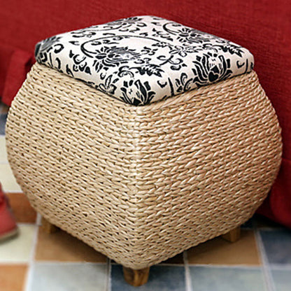 Traditional Farmhouse Fabric Wood Stainless Steel Paper Vine Reed Square Imitation Rattan Weaving Low Stool Armless For Entryways
