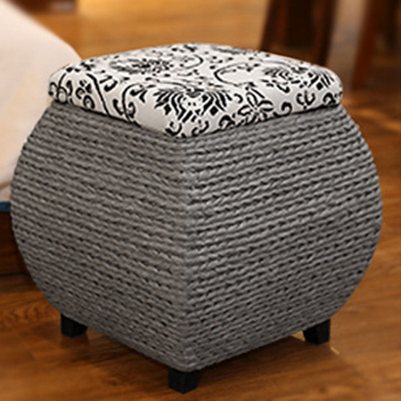Traditional Farmhouse Fabric Wood Stainless Steel Paper Vine Reed Square Imitation Rattan Weaving Low Stool Armless For Entryways