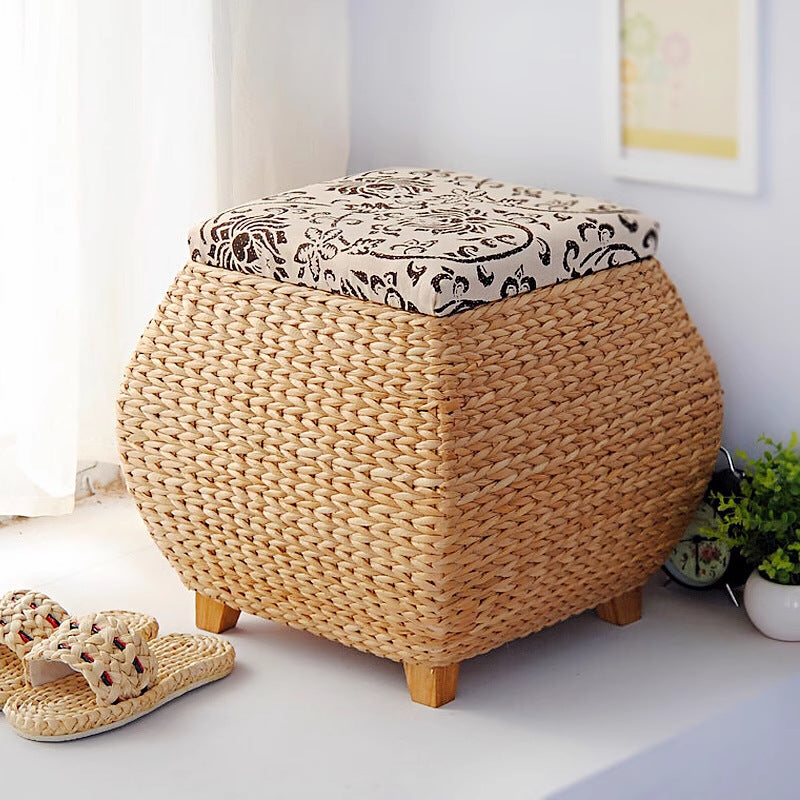 Traditional Farmhouse Fabric Wood Stainless Steel Paper Vine Reed Square Imitation Rattan Weaving Low Stool Armless For Entryways