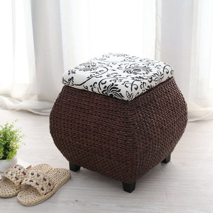 Traditional Farmhouse Fabric Wood Stainless Steel Paper Vine Reed Square Imitation Rattan Weaving Low Stool Armless For Entryways